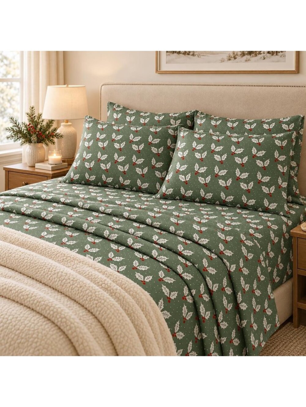 Queen Green Sheet Set with Holly Berry Print, 16" Deep Pocket, Soft & Cozy